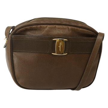 Salvatore Ferragamo Vala Shoulder Bag Embossed Leather Brown Gold Auth BA5847