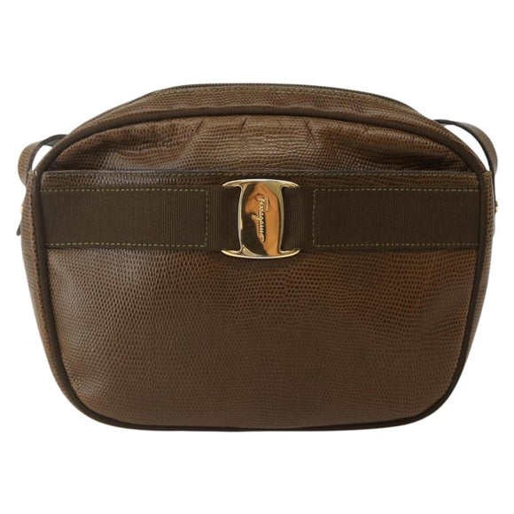 Salvatore Ferragamo Vala Shoulder Bag Embossed Leather Brown Gold Auth BA5847