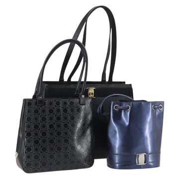 Salvatore Ferragamo Gancini Bag Vinyl Leather 3Set Black Navy Auth BA5853