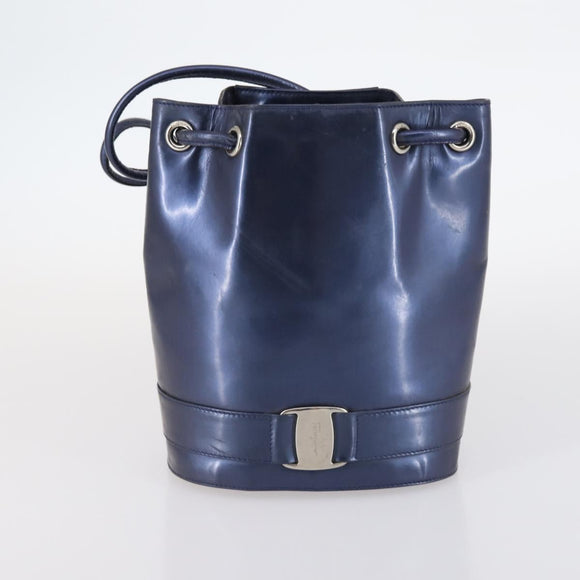 Salvatore Ferragamo Gancini Bag Vinyl Leather 3Set Black Navy Auth BA5853