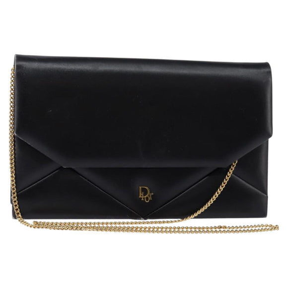 Christian Dior Chain Shoulder Bag Leather Black Gold Auth BA5867
