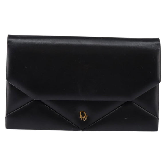 Christian Dior Chain Shoulder Bag Leather Black Gold Auth BA5867