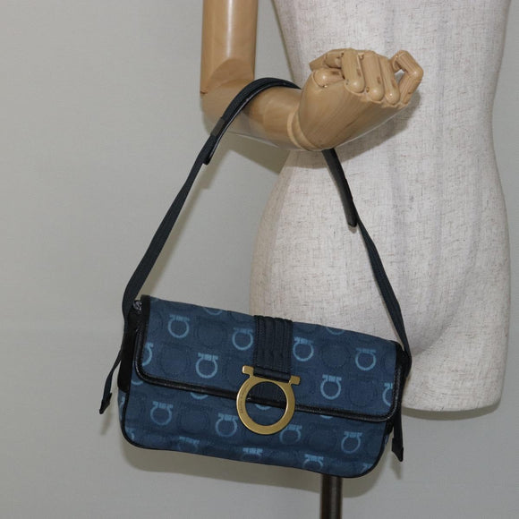 Salvatore Ferragamo Gancini Shoulder Bag Canvas Navy Gold Auth BA5868