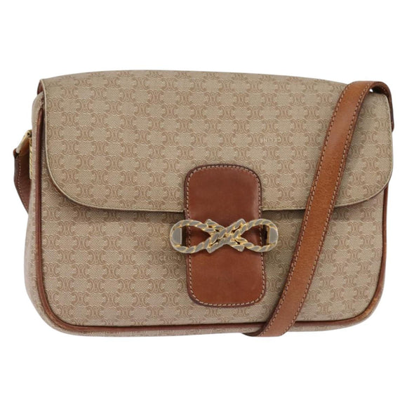 CELINE Macadam Canvas Shoulder Bag PVC Beige Gold Auth BA5887