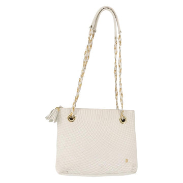 BALLY Chain Shoulder Bag Leather White Gold Auth BA5895