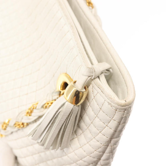 BALLY Chain Shoulder Bag Leather White Gold Auth BA5895