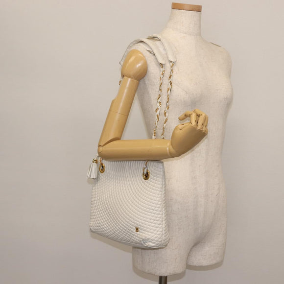 BALLY Chain Shoulder Bag Leather White Gold Auth BA5895