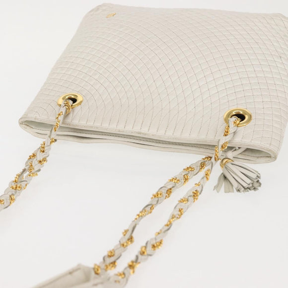 BALLY Chain Shoulder Bag Leather White Gold Auth BA5895