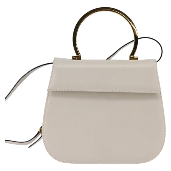 Salvatore Ferragamo Hand Bag Leather 2way White Gold Auth BA5896