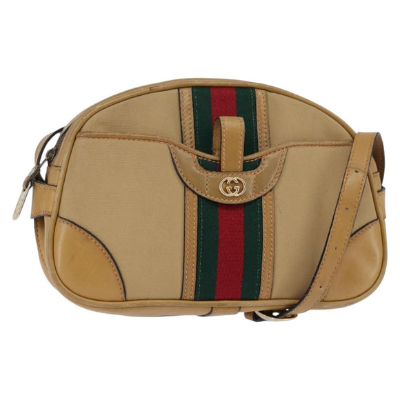GUCCI Web Sherry Line Shoulder Bag Canvas Leather Beige Gold Auth BA5901