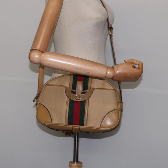 GUCCI Web Sherry Line Shoulder Bag Canvas Leather Beige Gold Auth BA5901