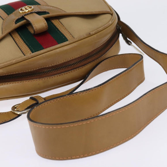 GUCCI Web Sherry Line Shoulder Bag Canvas Leather Beige Gold Auth BA5901