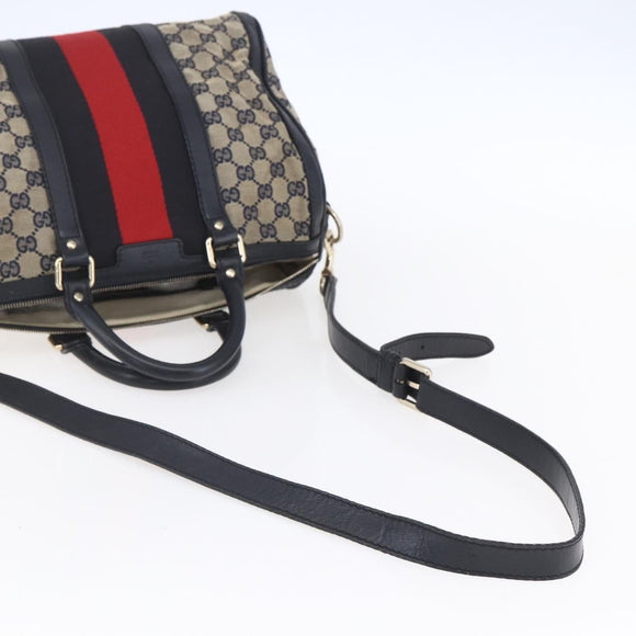 GUCCI GG Canvas Sherry Line Boston Bag 2way Navy Gold 247205 Auth BA5935
