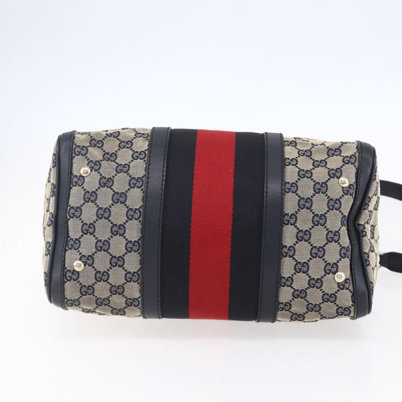 GUCCI GG Canvas Sherry Line Boston Bag 2way Navy Gold 247205 Auth BA5935