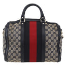 GUCCI GG Canvas Sherry Line Boston Bag 2way Navy Gold 247205 Auth BA5935-3
