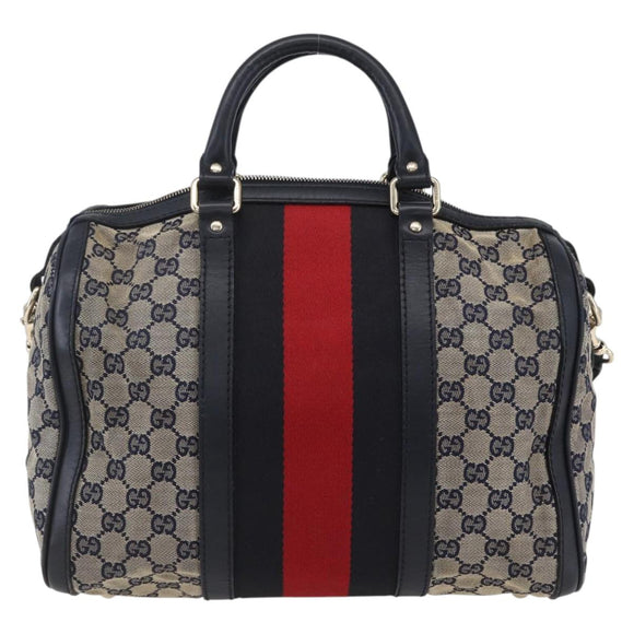 GUCCI GG Canvas Sherry Line Boston Bag 2way Navy Gold 247205 Auth BA5935