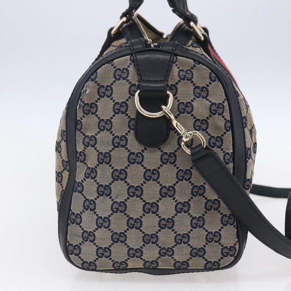 GUCCI GG Canvas Sherry Line Boston Bag 2way Navy Gold 247205 Auth BA5935