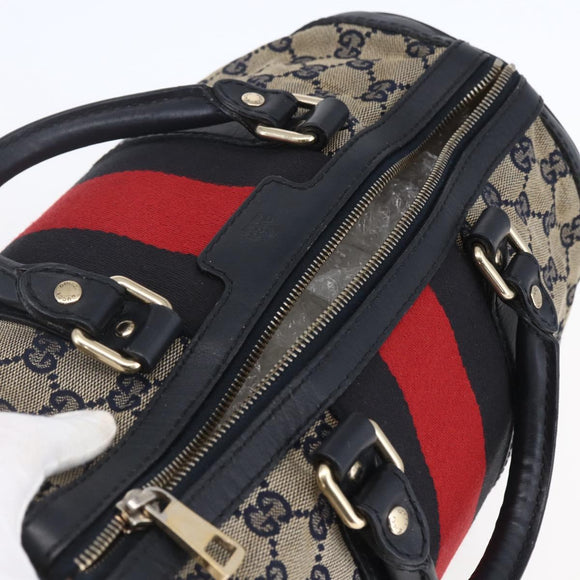 GUCCI GG Canvas Sherry Line Boston Bag 2way Navy Gold 247205 Auth BA5935