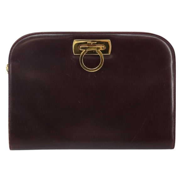 Salvatore Ferragamo Gancini Chain Shoulder Bag Leather Bordeaux Gold Auth BA5939