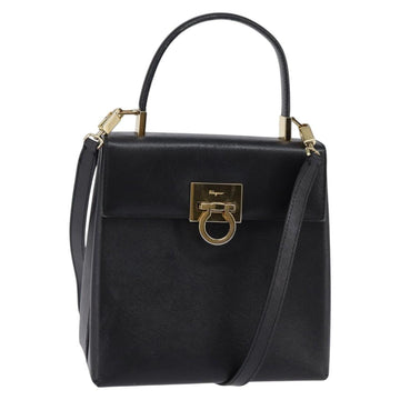 Salvatore Ferragamo Gancini Hand Bag Leather 2way Black Gold Auth BA5941