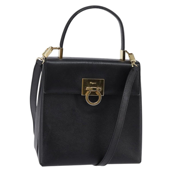Salvatore Ferragamo Gancini Hand Bag Leather 2way Black Gold Auth BA5941