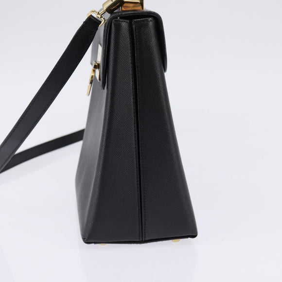 Salvatore Ferragamo Gancini Hand Bag Leather 2way Black Gold Auth BA5941