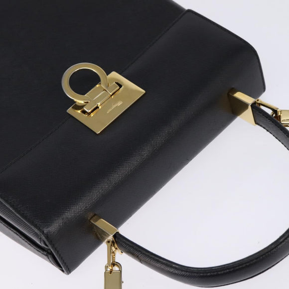Salvatore Ferragamo Gancini Hand Bag Leather 2way Black Gold Auth BA5941