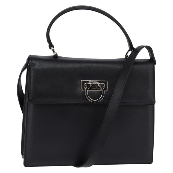 Salvatore Ferragamo Gancini Handtas Leer 2-weg Zwart Zilver Auth BA5942