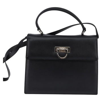 Salvatore Ferragamo Gancini Hand Bag Leather 2way Black Silver Auth BA5942 - 0