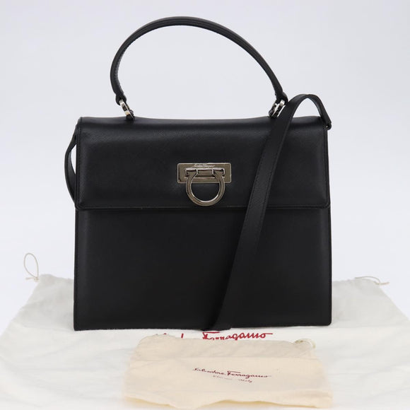 Salvatore Ferragamo Gancini Handtas Leer 2-weg Zwart Zilver Auth BA5942