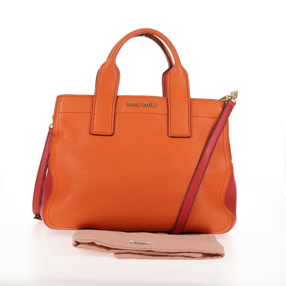 Miu Miu Madras Hand Bag Leather 2way Orange Gold Auth BA5951V