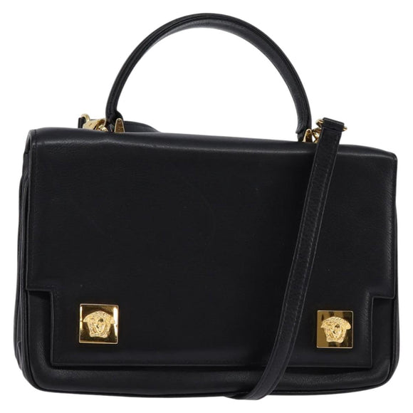 Gianni Versace Hand Bag Leather 2way Black Gold Auth BA5965
