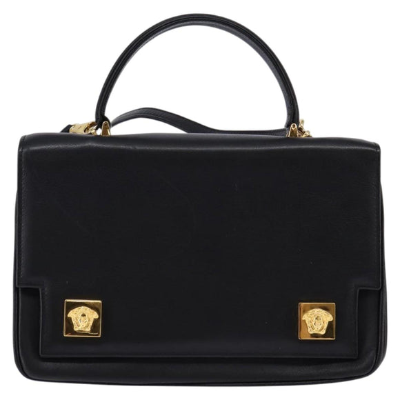Gianni Versace Hand Bag Leather 2way Black Gold Auth BA5965