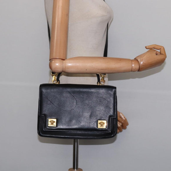 Gianni Versace Hand Bag Leather 2way Black Gold Auth BA5965