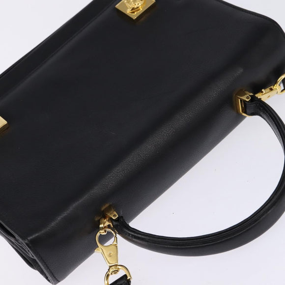 Gianni Versace Hand Bag Leather 2way Black Gold Auth BA5965