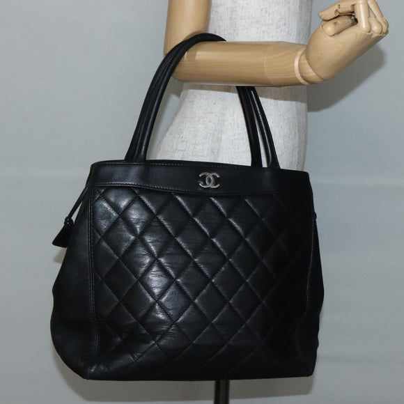 CHANEL Matelasse Tote Bag Leather Black Silver CC Auth BA5989
