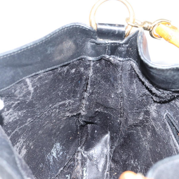 GUCCI Bamboo Hand Bag Leather Black Gold 001 3754 1638 Auth BA6049