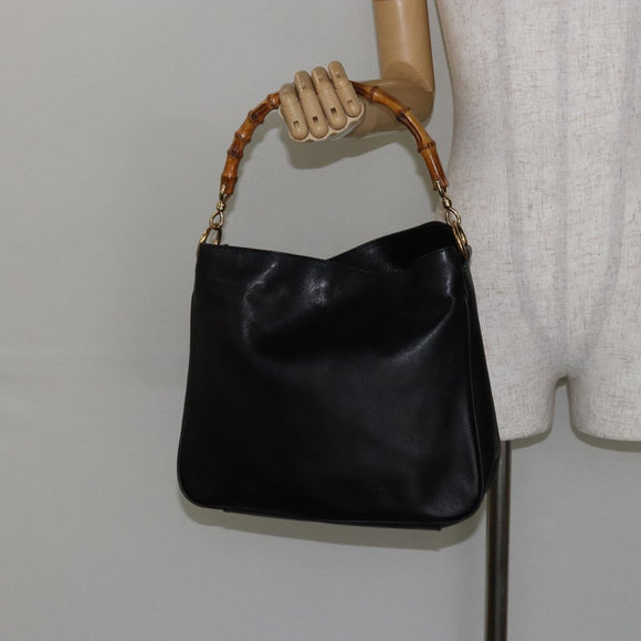 GUCCI Bamboo Hand Bag Leather Black Gold 001 3754 1638 Auth BA6049
