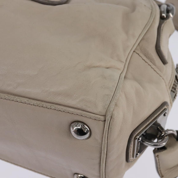 PRADA Hand Bag Leather 2way Beige Silver Auth BA6054