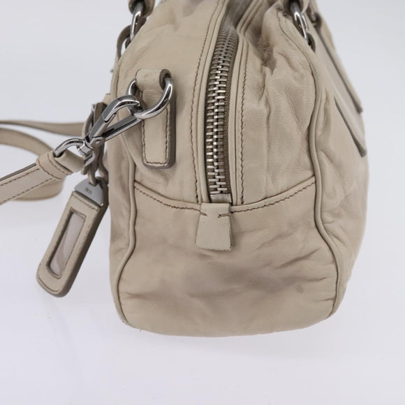 PRADA Hand Bag Leather 2way Beige Silver Auth BA6054