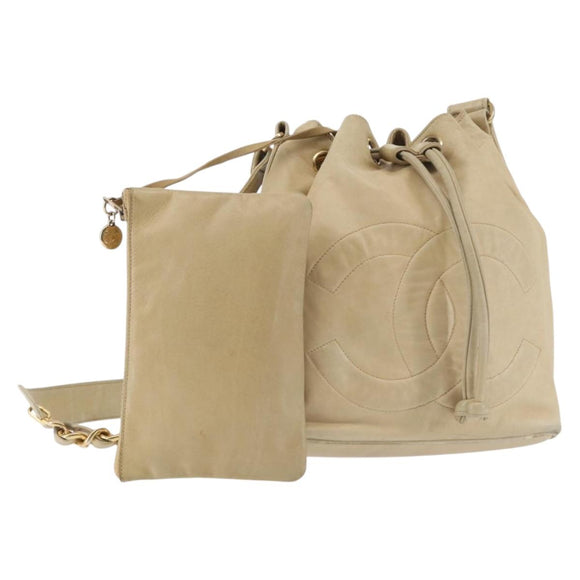 CHANEL Chain Shoulder Bag Lamb Skin Beige Gold CC Auth BA6065