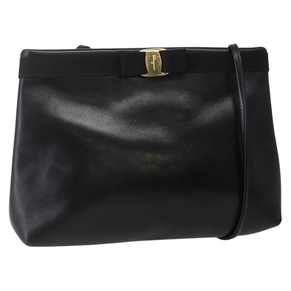 Salvatore Ferragamo Vala Shoulder Bag Leather Black Gold Auth BA6076