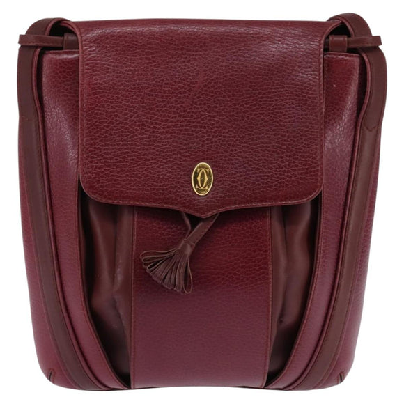 CARTIER Shoulder Bag Leather Bordeaux Gold Auth BA6081