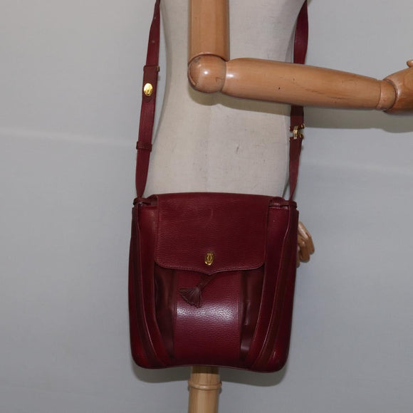 CARTIER Shoulder Bag Leather Bordeaux Gold Auth BA6081