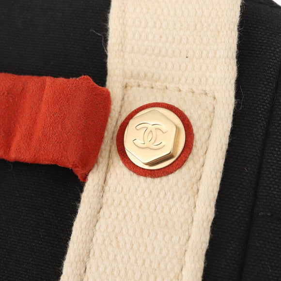 CHANEL Sac Canvas Line Choco Bar Hand Bag Canvas Navy Gold CC Auth BA6110