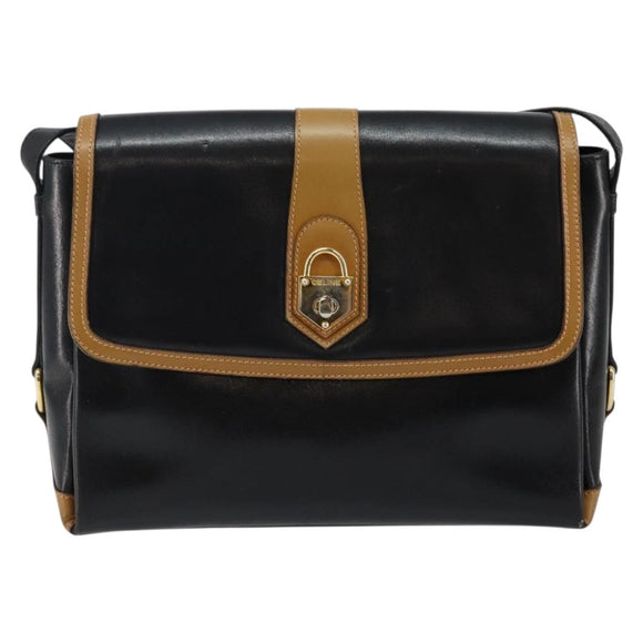 CELINE Shoulder Bag Leather Black Gold Auth BA6127
