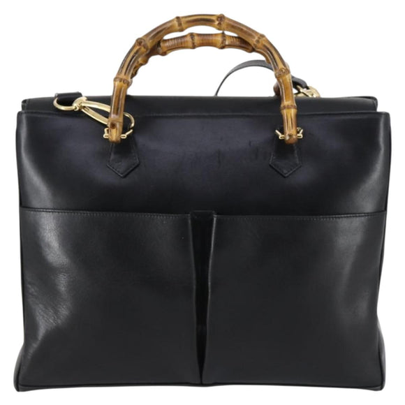GUCCI Bamboo Hand Bag Leather 2way Black Gold 002 2855 0322 0 Auth BA6143