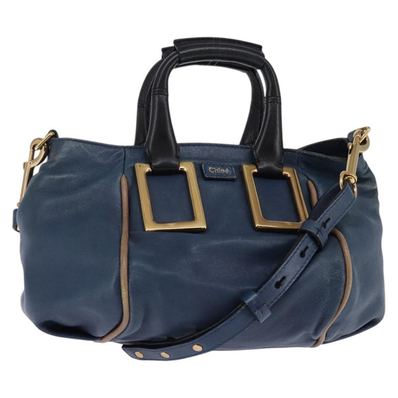 Chloe Etel Hand Bag Leather 2way Blue Gold Auth BA6149