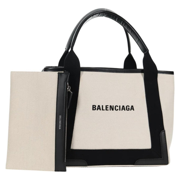 BALENCIAGA Navy Cabas S Bag Canvas Leather White Black 339933 Auth BA6186M