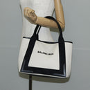 BALENCIAGA Navy Cabas S Bag Canvas Leather White Black 339933 Auth BA6186M-27